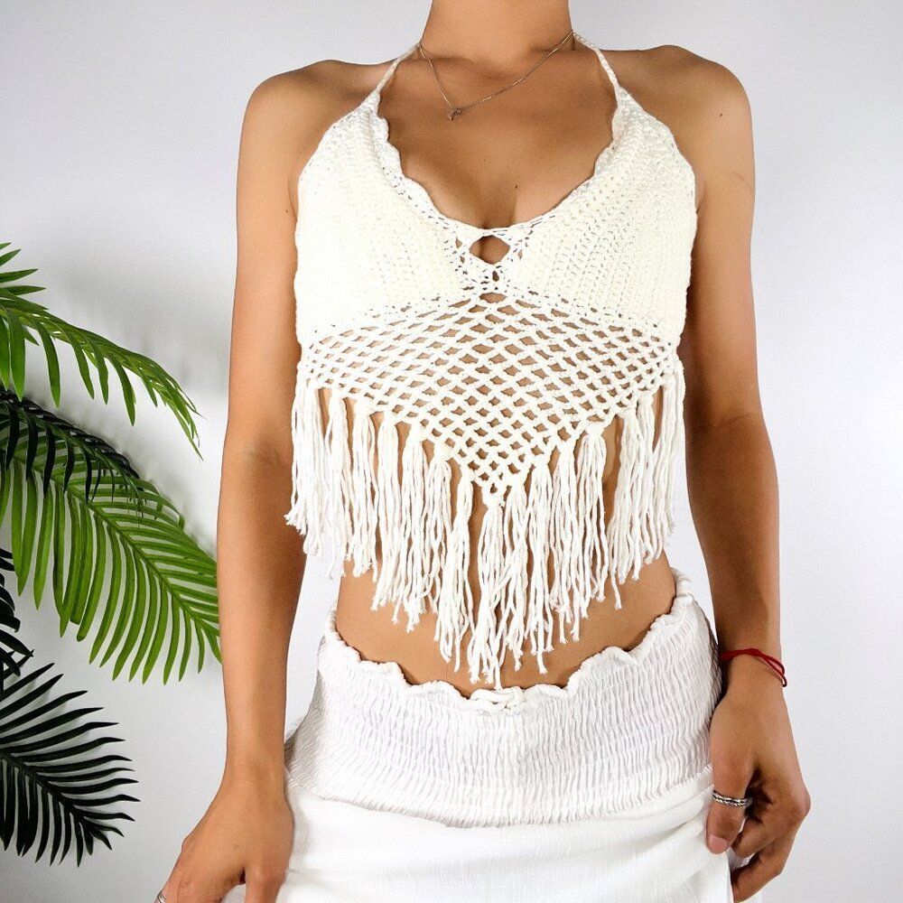Women's White Crochet Boho Beachy Cottagecore Costal Fringe Halter Top / OS